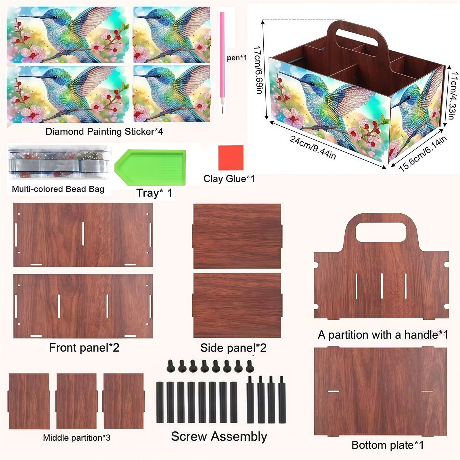 FLOPESN DIY Hummingbird Diamond Art Painting 5 compartments Wooden Storage Box, 9.44*8.14in, Practical Rectangular Assembly Portable Multi-Grid Box