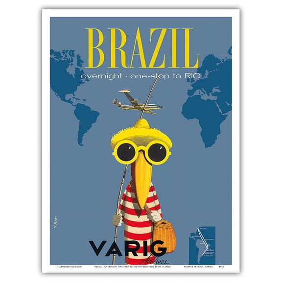 Brazil - Overnight • One Stop to Rio de Janeiro - Varig Airlines - Vintage Travel Poster by Francesco Petit c.1950s - Master Art Print (Unframed) 9in x 12in