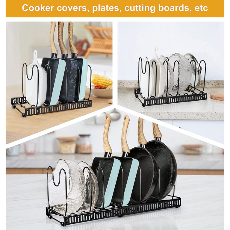 PHANCIR Pots and Pans Organizer Rack, 3 DIY Methods Adjustable 8-Tier Pot  and Pan Rack, Metal Heavy Duty Pot Lid Organizer with Anti-slip Silicone  Pad