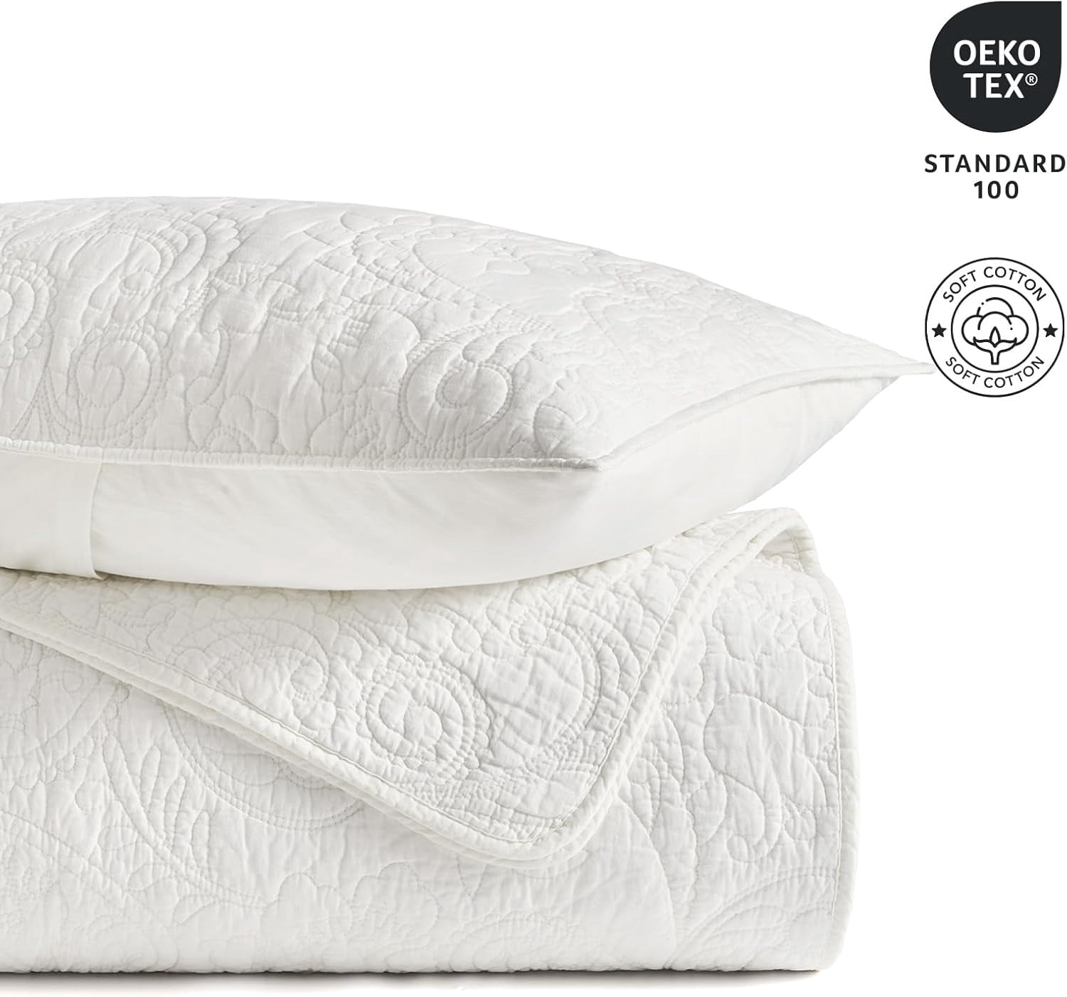 EVERGRACE 100% Cotton Paisley Quilt Set, King Size 3 Piece Set – Prewashed Lightweight Bedspread with 2 Shams, Soft & Breathable Matelasse Coverlet for All-Season Comfort, Bright White