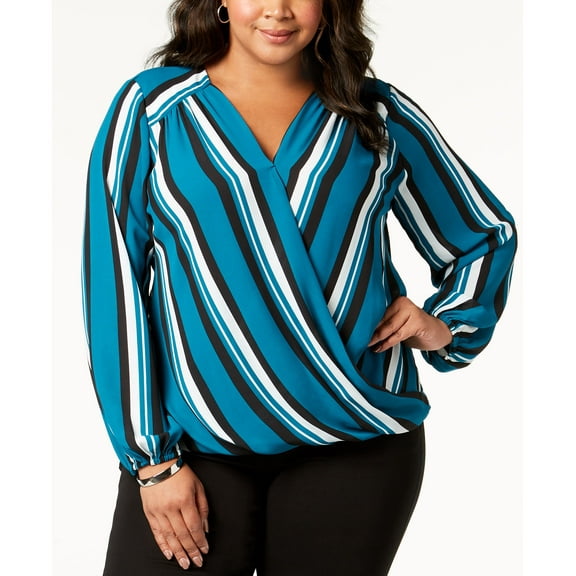 INC I.N.C. Plus Size Striped Surplice Top Womens shirt MSRP $90 Green 3X