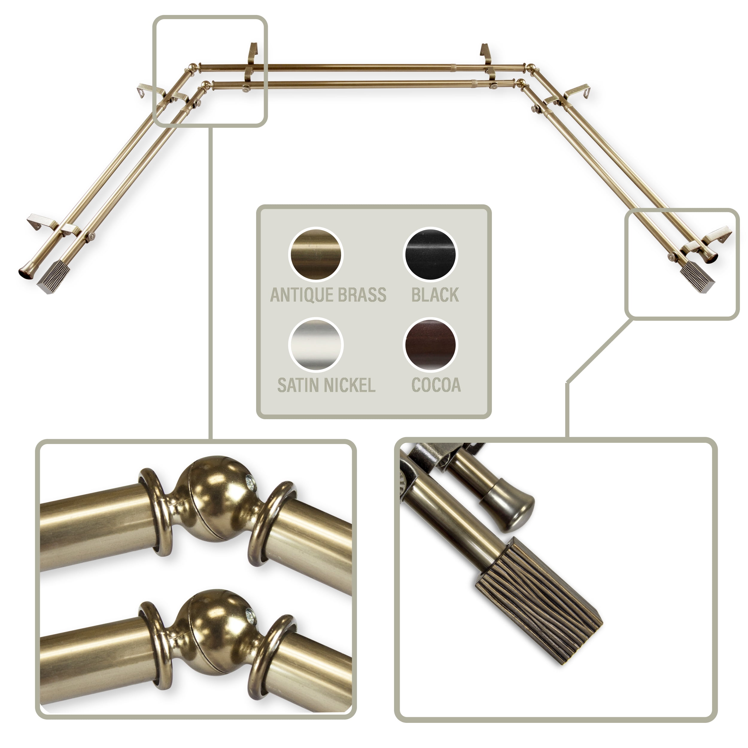 Domovina Wood 13/16" Bay Window Double Curtain RodColorAntique Brass