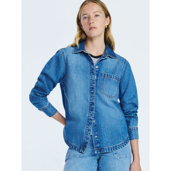 Free Assembly Women's Button Up Denim Shirt with Long Sleeves, Sizes XS-XXL