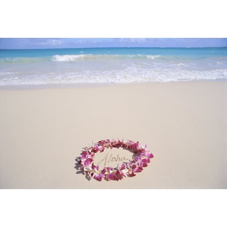 - Hawaii Purple Orchid Lei Aloha Written In The Sand Turquoise Ocean Background Stretched Canvas - Mary Van de Ven Design Pics (19 x 12)