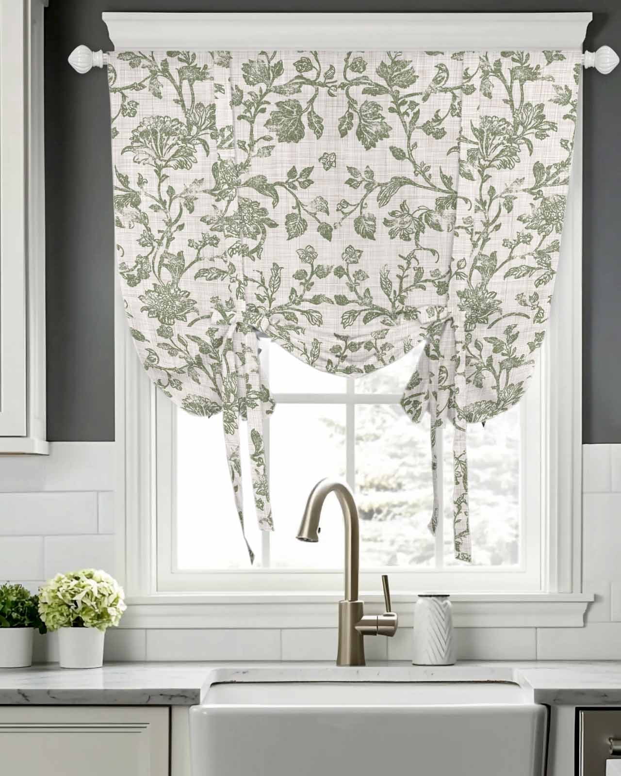 Spring Flowers Tie Up Curtains for Window, Thermal Insulated Balloon Shade Adjustable Rod Pocket Curtains Valance Panels for Kitchen Bathroom Cafe 42 x 45 Farmhouse Sage Green Pastoral Floral Leaf