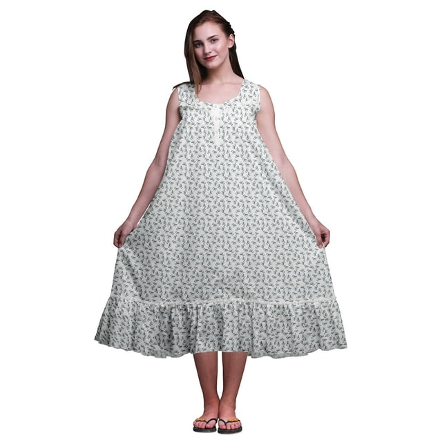 Bimba White6 Floral Cotton Ball Sleeveless Night Gown For Womens Cotton Printed Nightwear Ladies Sleepwear Small