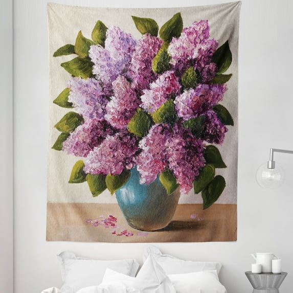 Flower Tapestry, Oil Painting Art of a Spring Bouquet in a Vase Lilac Blossoms Seasonal Nature, Fabric Wall Hanging Decor for Bedroom Living Room Dorm, 5 Sizes, Multicolor, by Ambesonne
