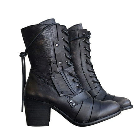 

Women s Retro Comfy Chunky-heel Lace-up Boots Black 43