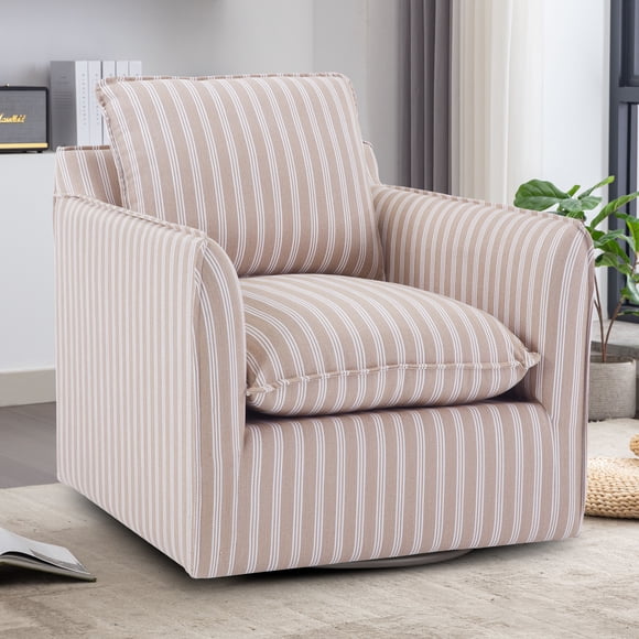 Bonzy Home Swivel Accent Chair, Modern Wide Armchair with Thick Backrest & Cushion, Upholstered Square Arm Chairs for Reading, Fabric Single Sofa for Living Room, Bedroom, Brown Stripe