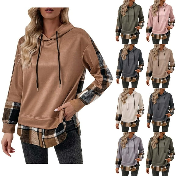Womens Hoodie Sweatshirts Plaid Patchwork Hooded Pullover Top Preppy Long Sleeve Trendy Sweatshirt Fall Outfits