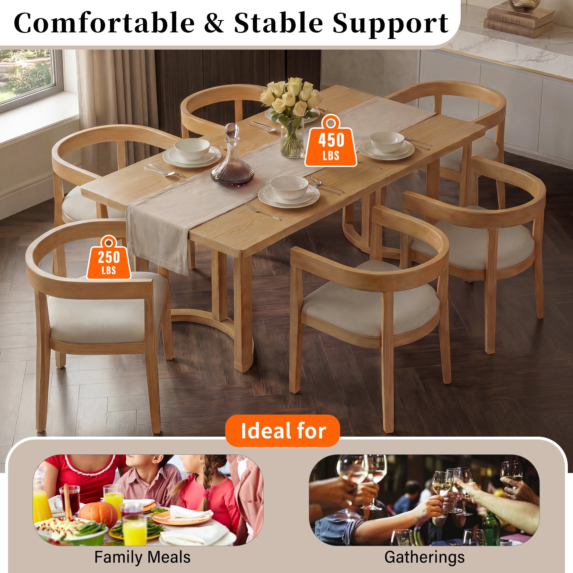 Euroco 7 Piece Dining Table Set for 6, Kitchen Dining Room Furniture with 6 Upholstered Curved Back Chairs, 59" Rectangular Kitchen Table Set for Apartment Small Space,Natural