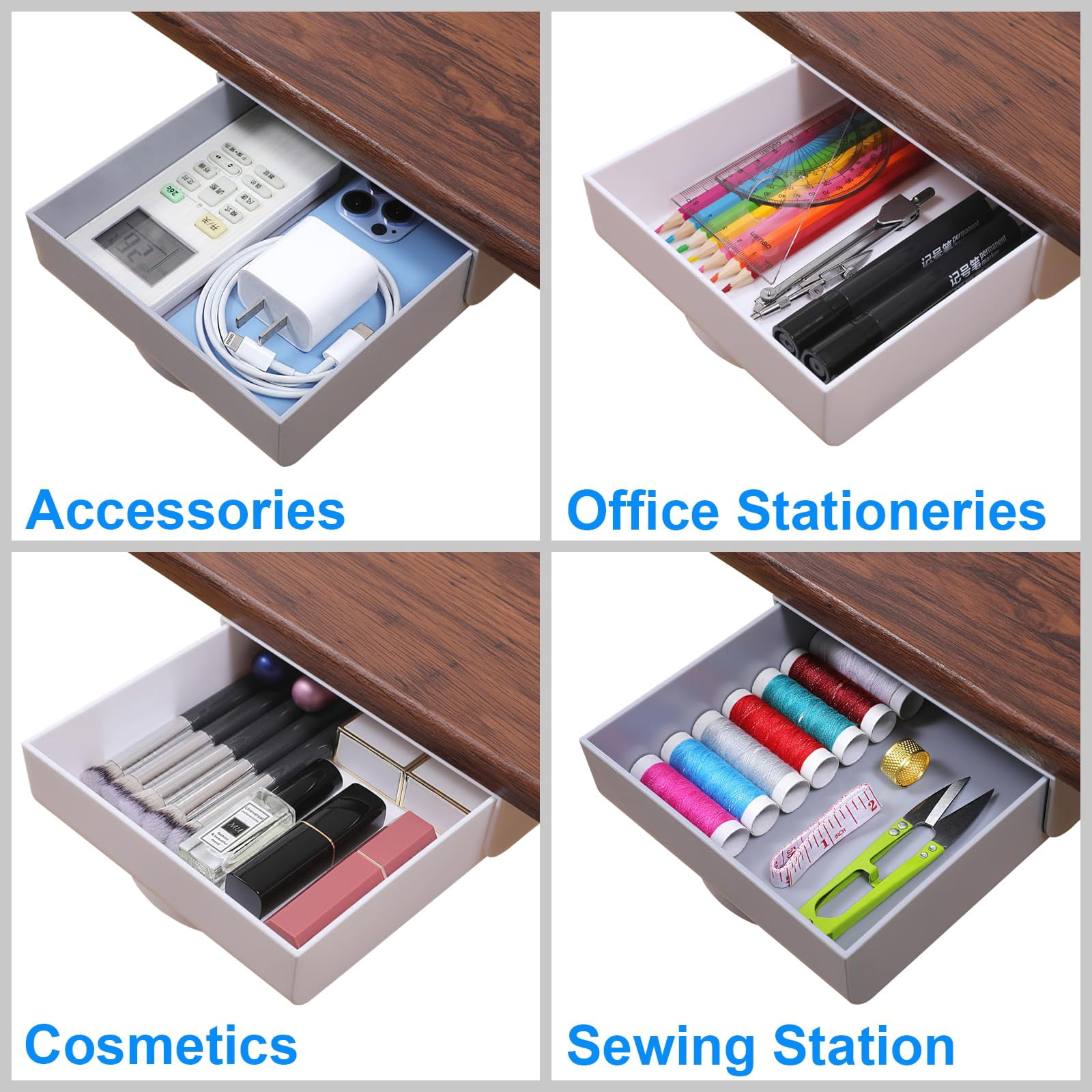 4 Pack Under Desk Drawer Self-adhesive Desktop Storage Organizer  Attachable Slide Out Table Tray For Pencil Pen Stationery Office Organization White