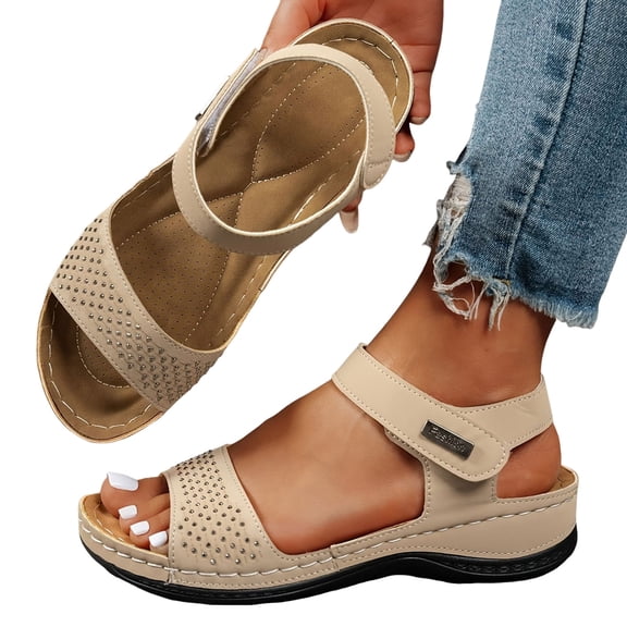Rokment Women's Orthopedic Platform Wedges Walking Sandals Summer Fashion Comfortable Leather Arch Support Non Slip Work Dress Sandals for Ladies Beige Size 5.5