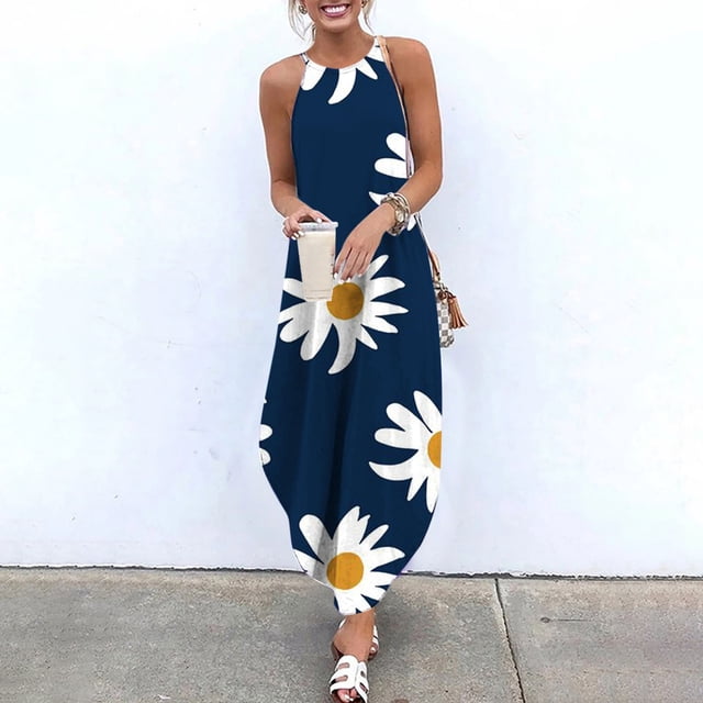 SMihono Robe Maxi Bohème d'Été pour Femmes Grande Taille Robe d'Été Décontractée pour Femmes Sans Manches à Col Licou Jupe à Bretelles Fendue Robe Maxi à Imprimé Robe de Plage Évasée