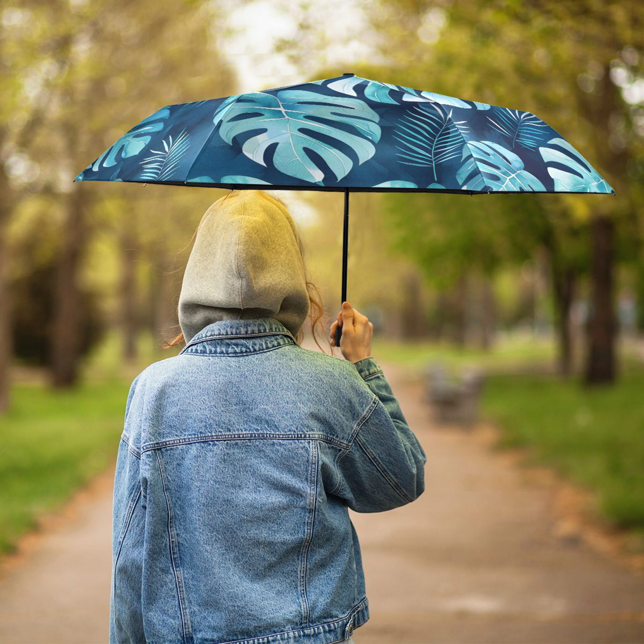 Watercolor Monstera All Weather Umbrella Triple Folding Parasol 6 Ribs UV Protection Portable
