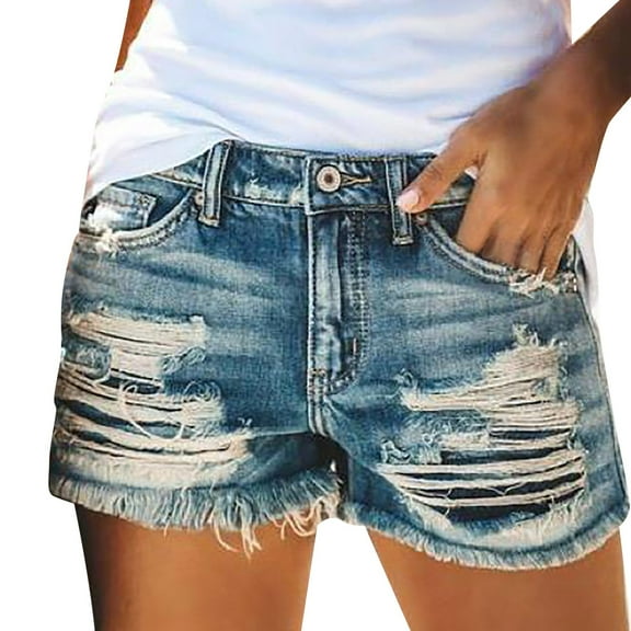 Charmgo Ripped Jeans Shorts Womens High Waisted Distressed Jean Shorts Stretchy Denim Shorts Hem Summer Trendy Comfy Shorts Womens Shorts Mid Rise Denim Shorts for Women Blue L