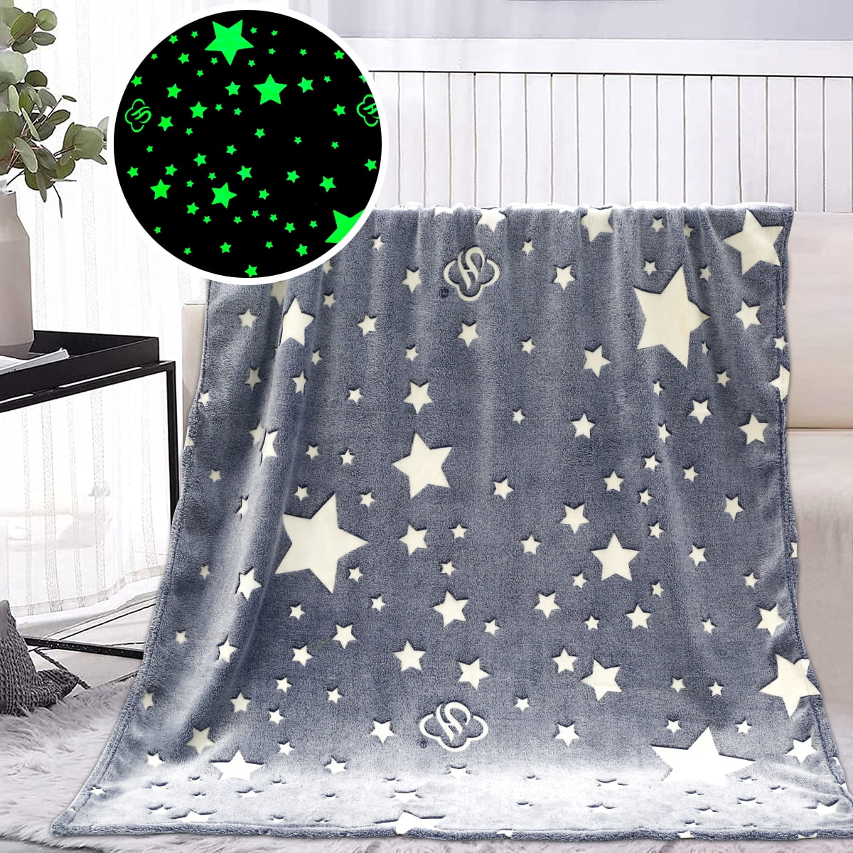 Dark Grey Glow In Dark Moon Star Design Super Soft No Itch Novelty Throw Blanket 