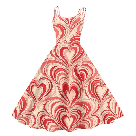 LWavelet Valentine's 2026 Spaghetti Strap Pink-White Stripe Dress for Women, Red-Pink Heart Pattern Fitted Waist Flared Sundresses Vermilion S