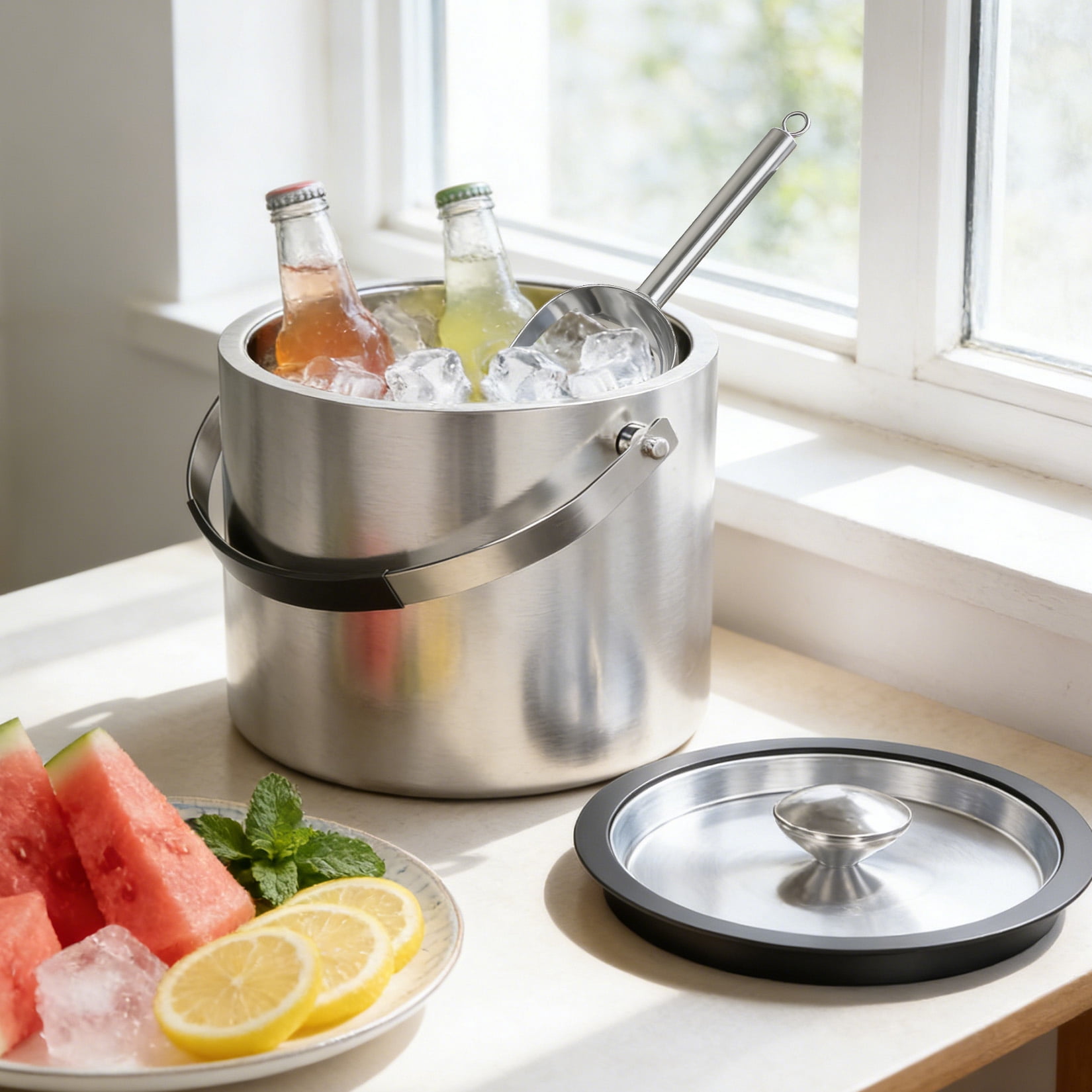 LERENSHA 1pcs Insulated Ice Bucket with Lid and Scoop, 101 oz Stainless Steel Ice Bucket 3L Double Wall Ice Holder with Handle, Metal Ice Bucket for Wine, Champagne, Bar, Party & Outdoor Use
