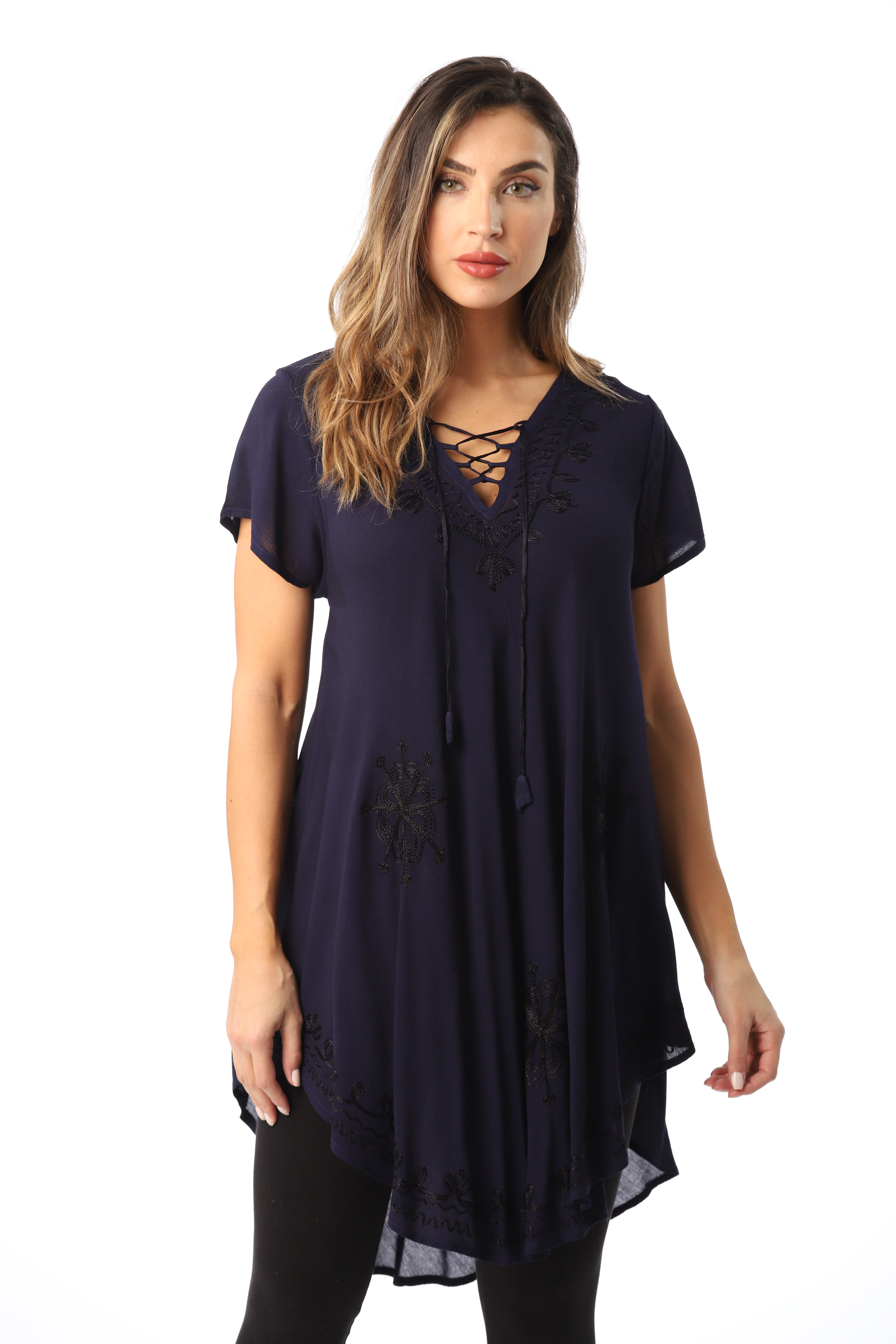 Riviera Sun Lace-Up Casual Tunic Top with Embroidery (Navy, Medium ...