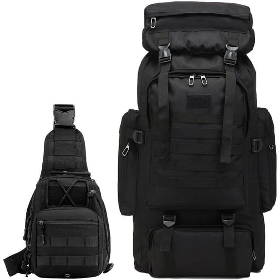 80L 2-pack Hiking Backpack for Men with Sling Tactical Backpack - Rucksack Molle Military Tactical Waterproof Lightweight Camping Backpack 3 Day Assault Pack for Travel, Climbing, Backpacking