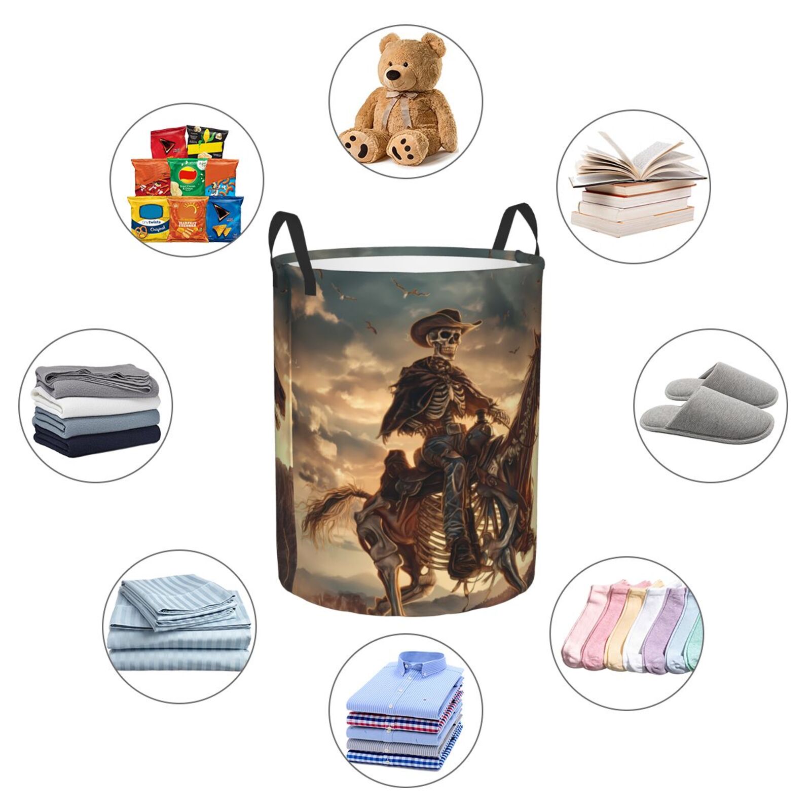 Large Laundry Basket with Handles - Western Skeleton Cowboy Horse Kids Baby Dirty Clothes Laundry Hamper for Bedroom Aesthetic
