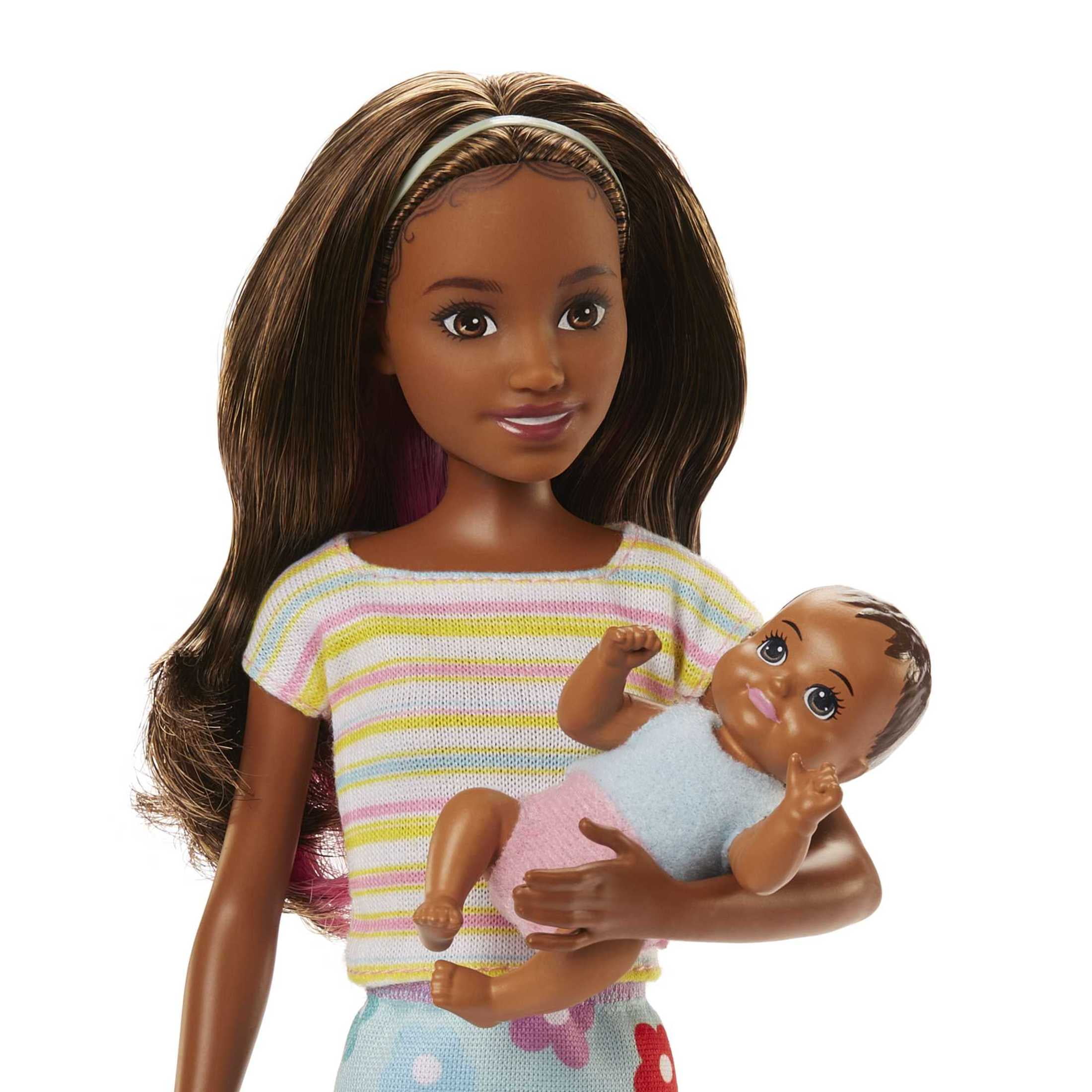 Barbie Skipper Babysitters Inc Brunette Doll in Flowered Skirt with Baby Doll & 5 Themed Pieces