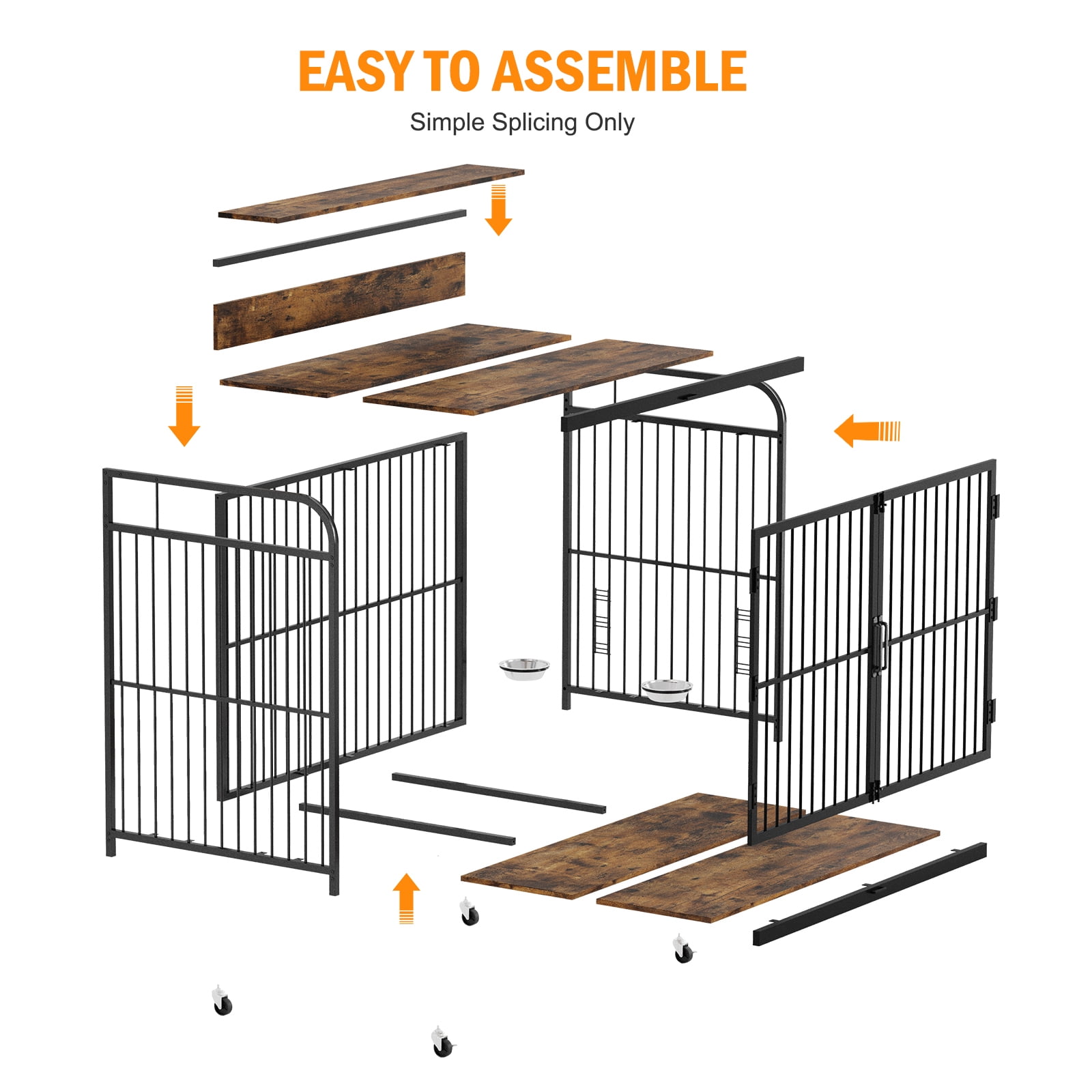 Aoile Dog Crates for Medium Dogs, Heavy Duty Dog Crate with Adjustable Height Feeder, Dog Cage Furniture with 360Â° Wheels, Rustic Brown