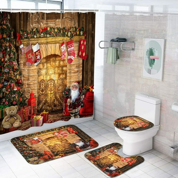 4 Pcs Merry Christmas Shower Curtains set with Non-Slip Rugs, Toilet Lid Cover and Bath Mat, Xmas Trees Fireplace Shower Curtain with 12 Hooks, Cute Santa Claus Gift Bathroom Shower Curtain