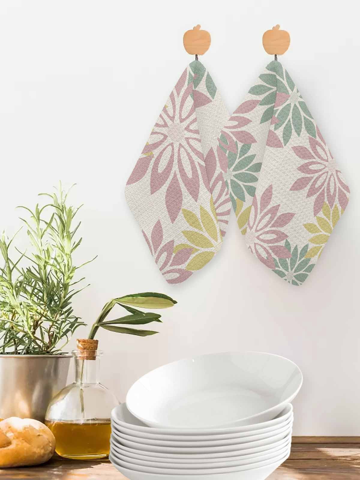 Geometric Flower Kitchen Dish Towels for Drying Dishes Set of 4, Vintage Country Floral Pink Green on Linen Waffle Weave Microfiber Hand Tea Bathroom Towels Quick Dry & Absorbent Towel 12x12
