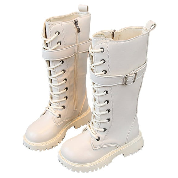 Girls Knee High Combat Boots Trendy Buckle Strappy Lace up Mid Calf Fall Winter Riding Booties