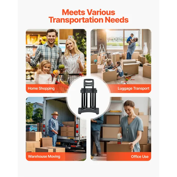 Folding Hand Truck with 290lbs Capacity,Collapsible Luggage Cart,4 Wheels,2 Elastic Ropes,Expandable Base for Travel and Moving,Black