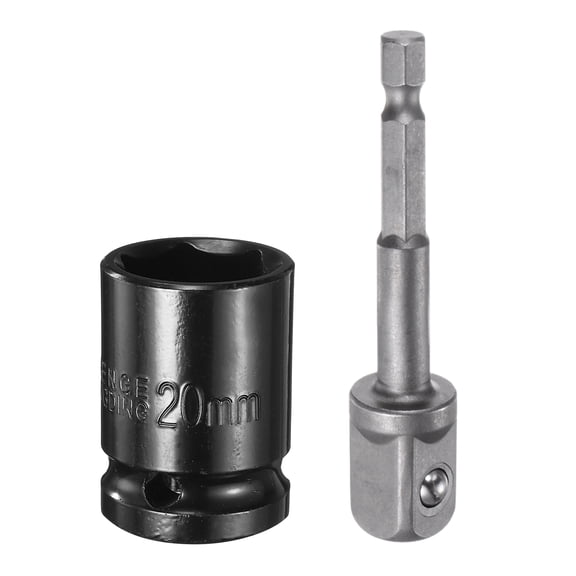 Uxcell Deep 6-Point Impact Socket 1/2" Drive 20mm Metric Socket 1.5" Length with 1/4" Hex Shank Adapter, CR-V Steel Socket Adapter Accessory Tool Set Kit for Hex Bolts Nuts