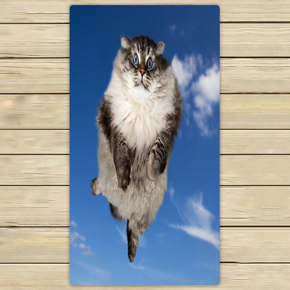 PHFZK Animal Kitten Towel, Funny Cat Flying in the Clouds Blue Sky Hand Towel Bath Bathroom Shower Towels Beach Towel 30x56 inches