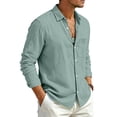 thumbnail image 4 of Fabrcox S-4XL Mens Linen Button Down Shirts Roll Up Collared Long Sleeve Shirt Men Sun Protection Vacation Travel Summer Men Beach Shirt with Pocket Green S, 4 of 8