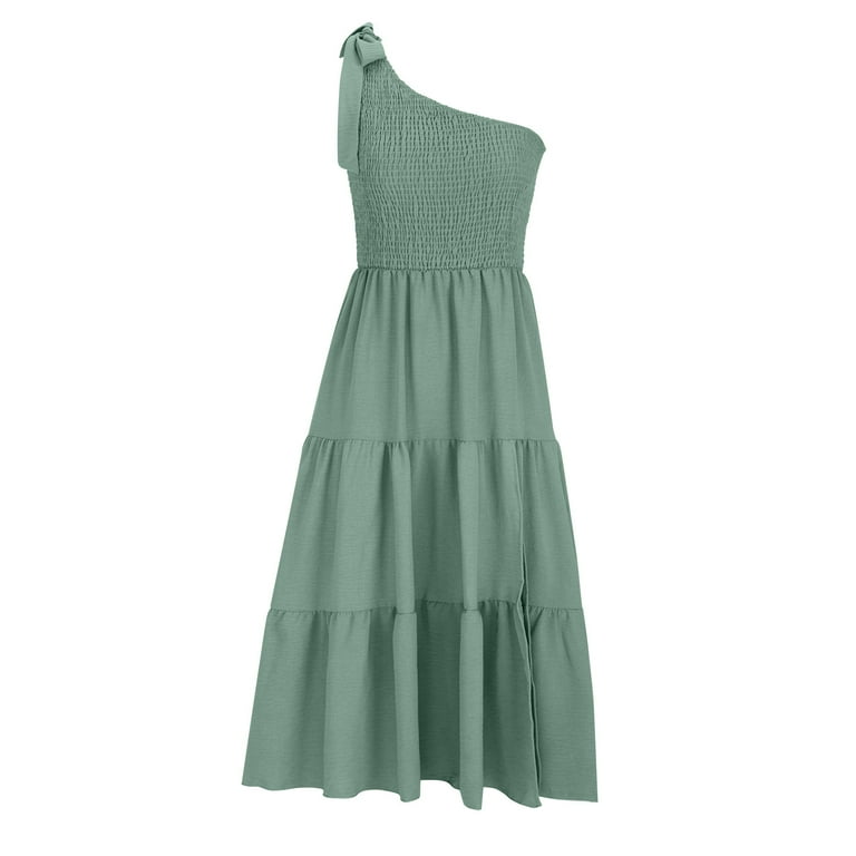 Usmixi Maxi Dresses for Women Sleeveless Slash Neck Solid Summer Long Dress  Elastic Waist Smocked Swing Slit One Shoulder Dresses Mint Green M -  Walmart.com