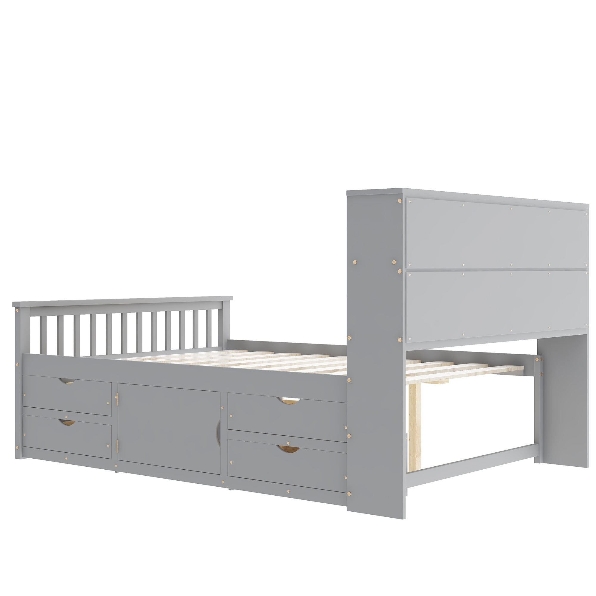 Euroco Wood Full Size Platform Bed with Storage Headboard, Captain Bed with 4 Drawers, Bookcase and Cabinets, Gray