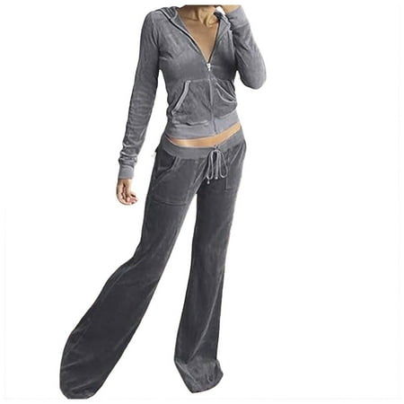 vigerkar Tracksuit Womens Two Piece Lounge Set Long Sleeve Zip up Hooded Jacket Wide Leg Pants Y2k Sweatsuit Set (Grey S)