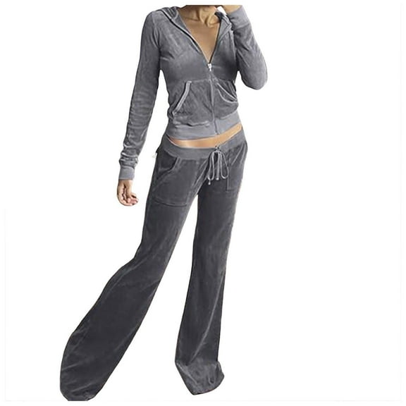 felwors Women's Velvet Two Piece Tracksuit - Long Sleeve Zip Up Hooded Jacket & Wide Leg Pants Set with Pockets, Y2K Loungewear for Everyday Grey, XL