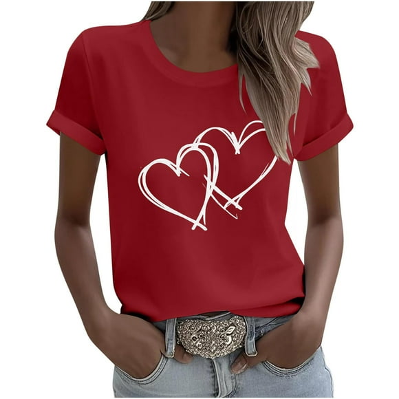 HongQid Women Short Sleeve Love Heart Graphic Funny Cute T Shirts Tee Casual Summer T Shirt Red Valentines(Gift Ideas)