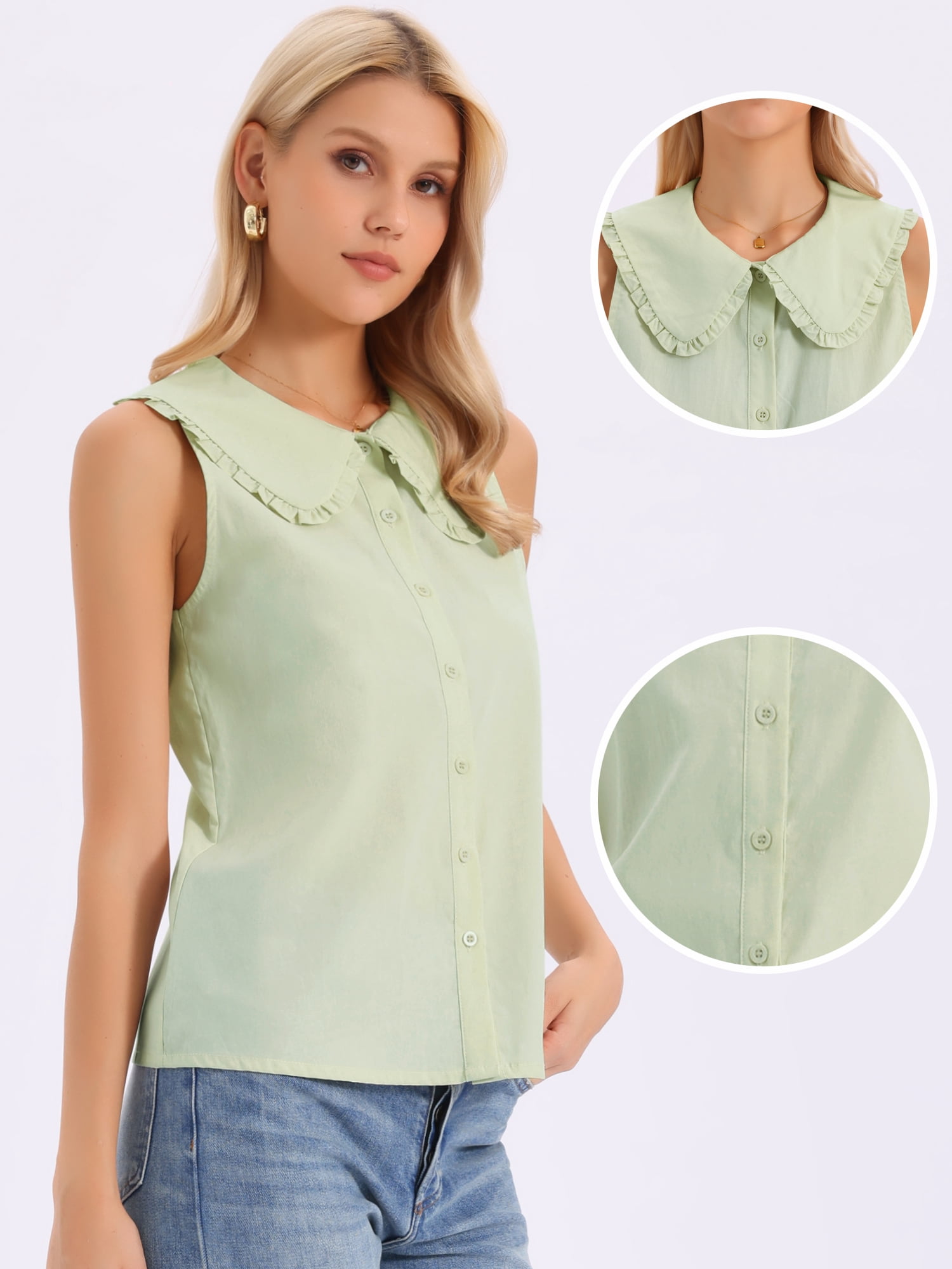DARING DIVA Women's Button-Down Peter Pan Collar Tank Tops S Green