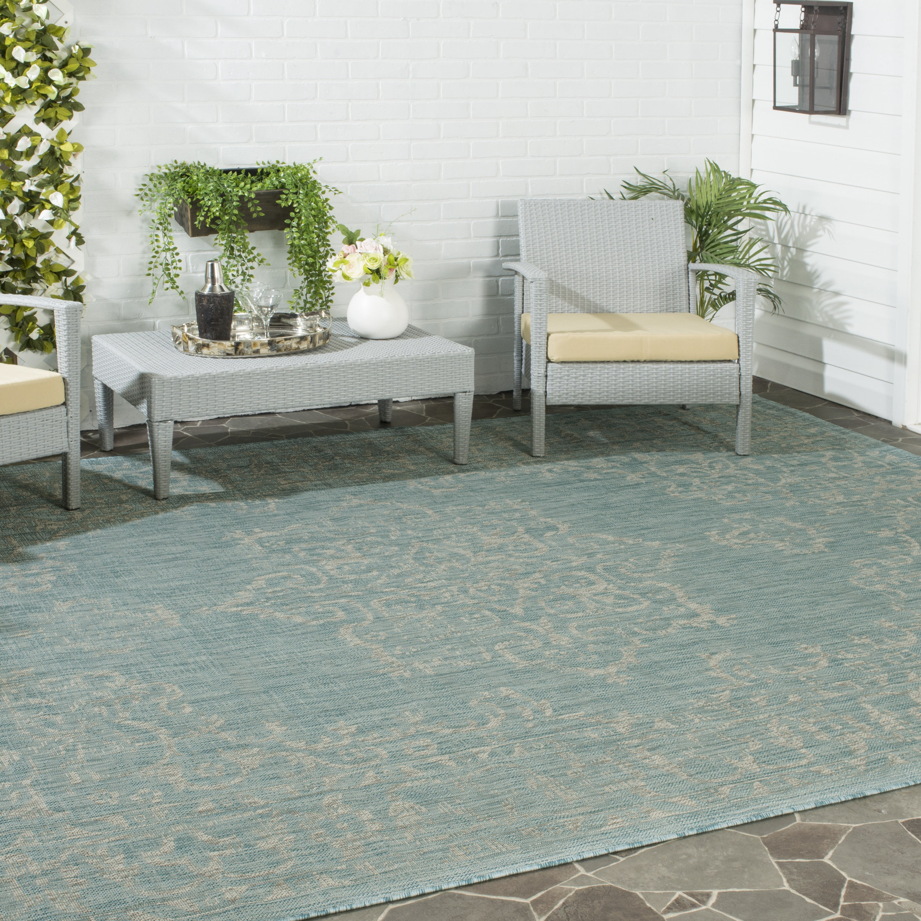 SAFAVIEH Courtyard Clodagh Medallion Indoor/Outdoor Area Rug, Aqua/Grey, 6'7" x 6'7" Square