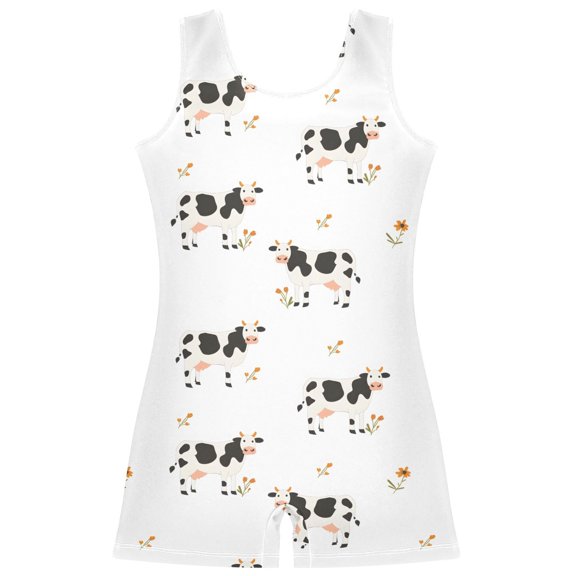 Gymnastics Leotard Sleeveless Cute Cow Stretchy Dance Bodysuit Breathable Athletic Ballet Yoga Outfit for Ages 3-14