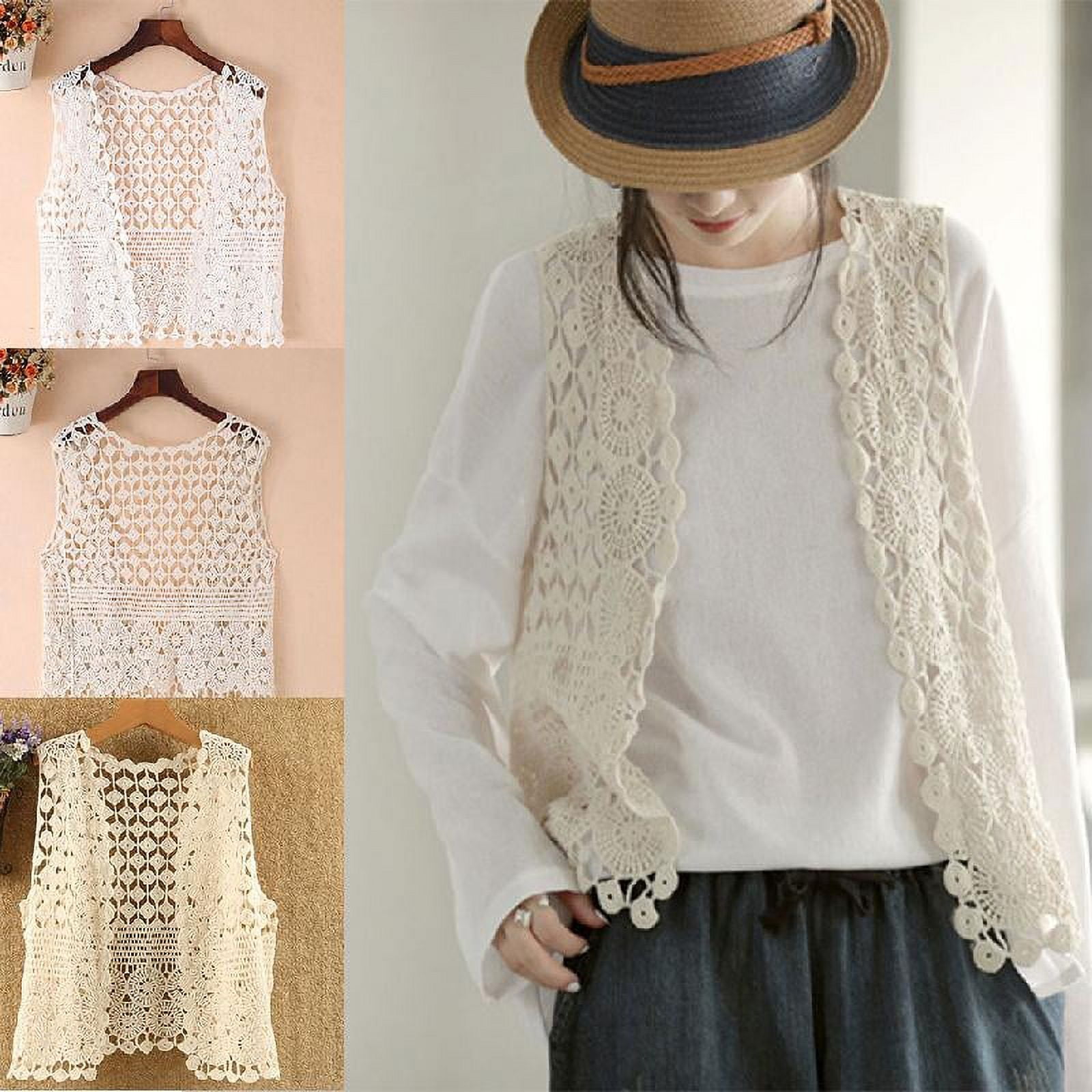 Women Hollow Out Crochet Crop Top Vest Open Front Floral
