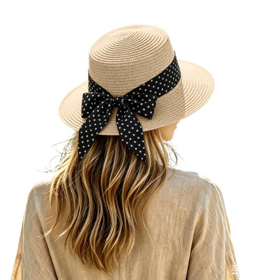 Straw Flat Top Sun Hat with Polka Dot Bow, Women's Summer Beach Cap, Lightweight Vacation Bucket Hat