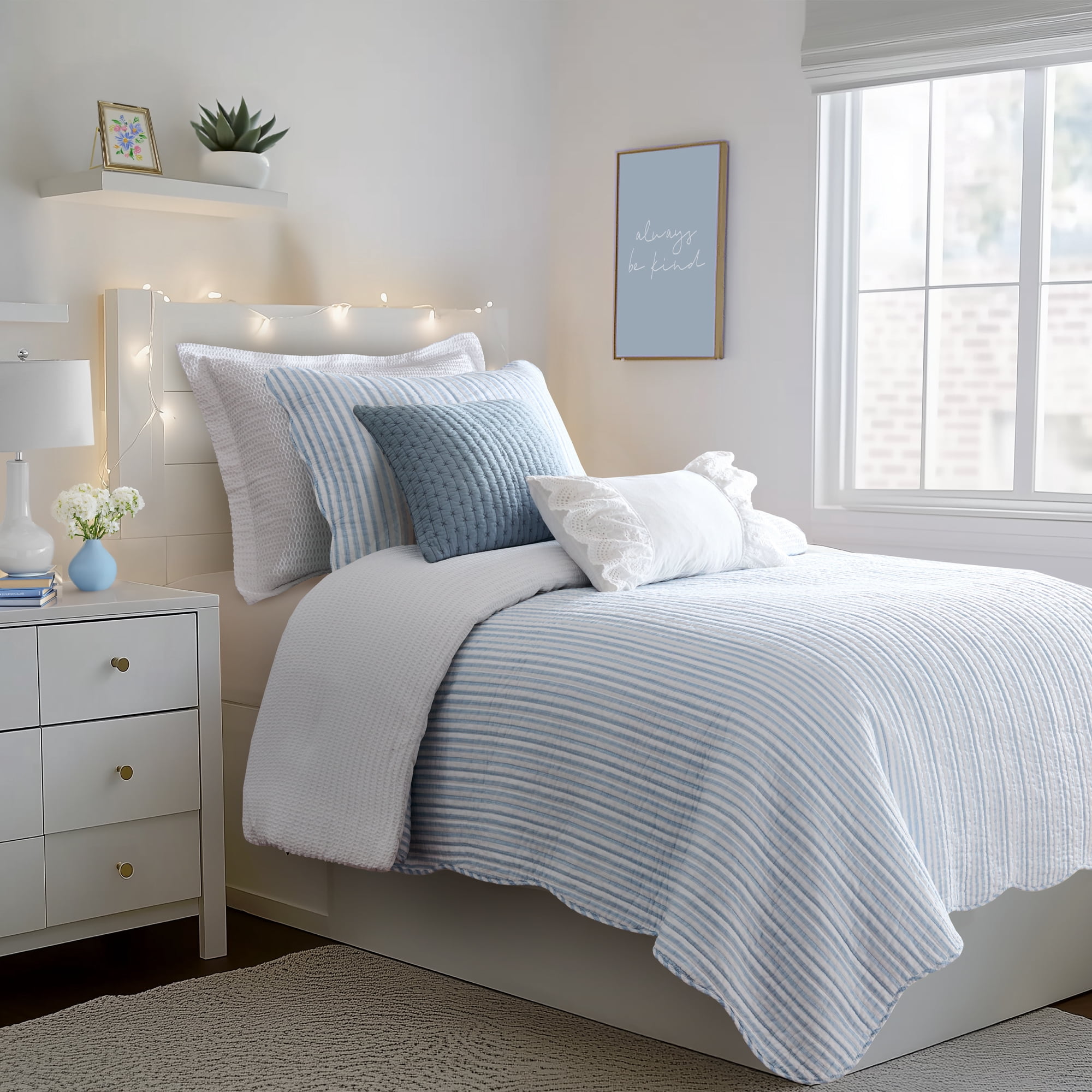 Levtex Home - Martha Stripe Quilt Set - Full/Queen Quilt and Two Standard Shams - Stripe - Blue White - Quilt (88x92in.) and Shams (20x26in.) - Reversible - Cotton