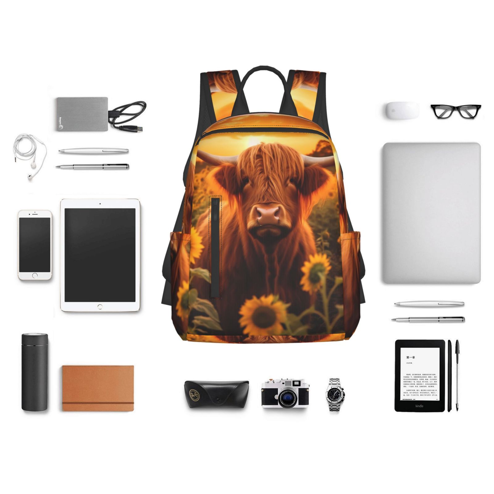 Xecao Vintage Sunflower Cow B print Backpack For women men Aesthetic Lightweight Travel Daypack Simple Cute Backpack For Bookbag