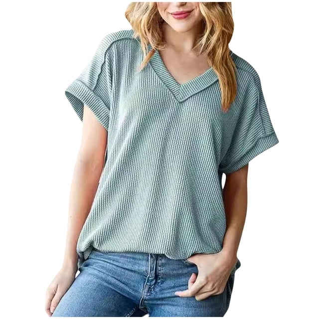 Yanlir Blouse Tricotée à Manches Courtes pour Femmes Tunique Décontractée en Coton Doux Respirant Coupe Ample Confortable Col Rond Tenue de Vacances d'Été (Vert, G)