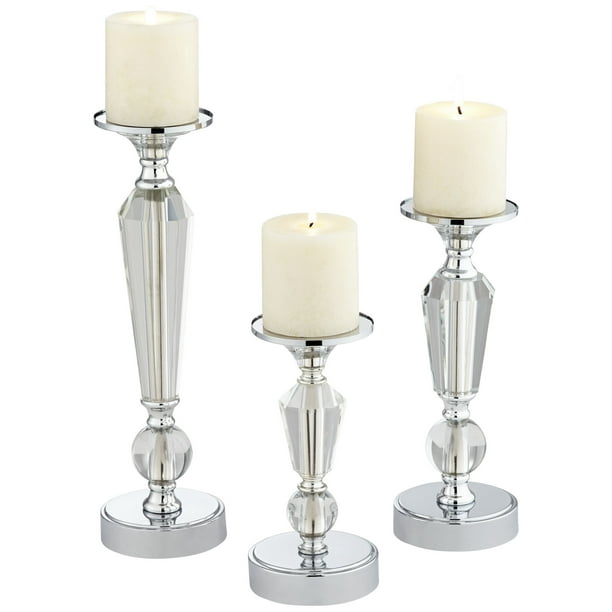 Dahlia Studios Alix Chrome and Crystal Pillar Candle Holders Set of 3
