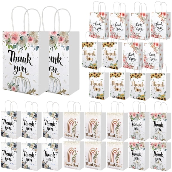 30 Pack Flower Design Kraft Paper Gift Bags, 8.2" x 5.8" x 3.15" Party Favor Bags with Handles for Wedding Birthday Baby Shower Thanksgiving